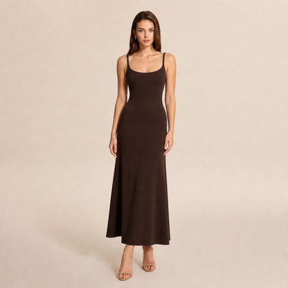 A Line Scoop Neck Maxi Dress in Dark Coffee