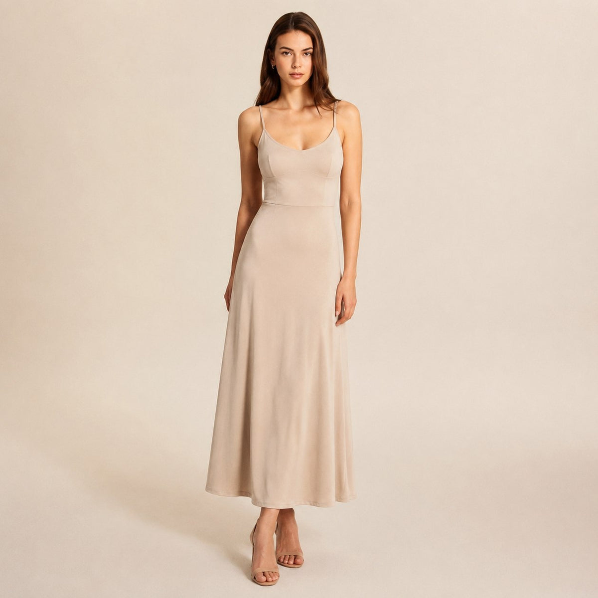A Line Scoop Neck Maxi Dress in Light Coffee