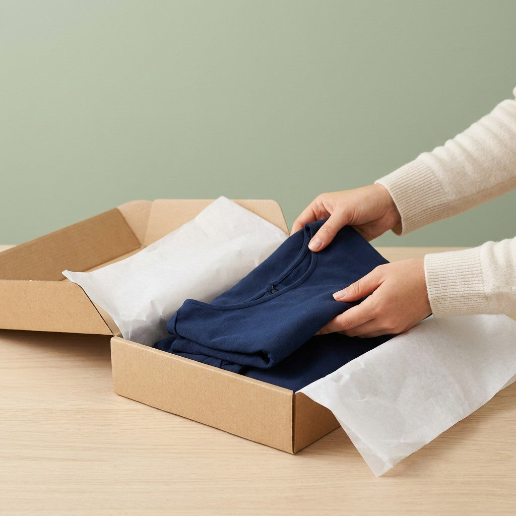 Hands folding a navy dress into tissue paper