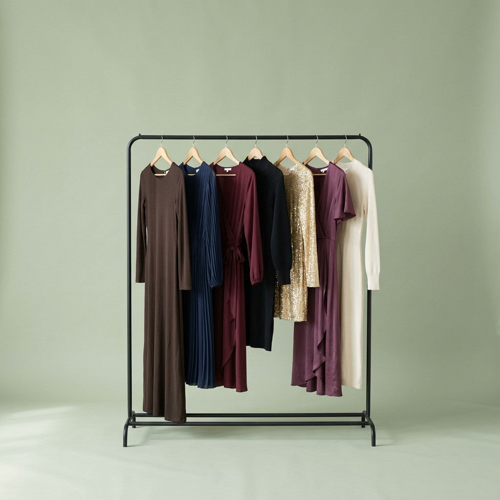 A rail of dresses on wooden hangers