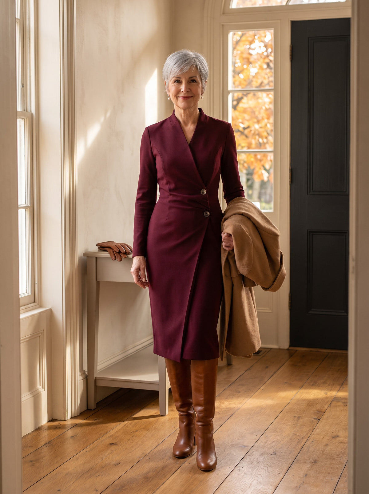 Woman in a burgundy wrap midi dress with a camel coat over her arm by a front door in fall light