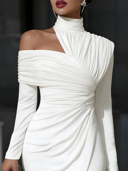 Asymmetric Ruched Long Sleeve Midi Dress