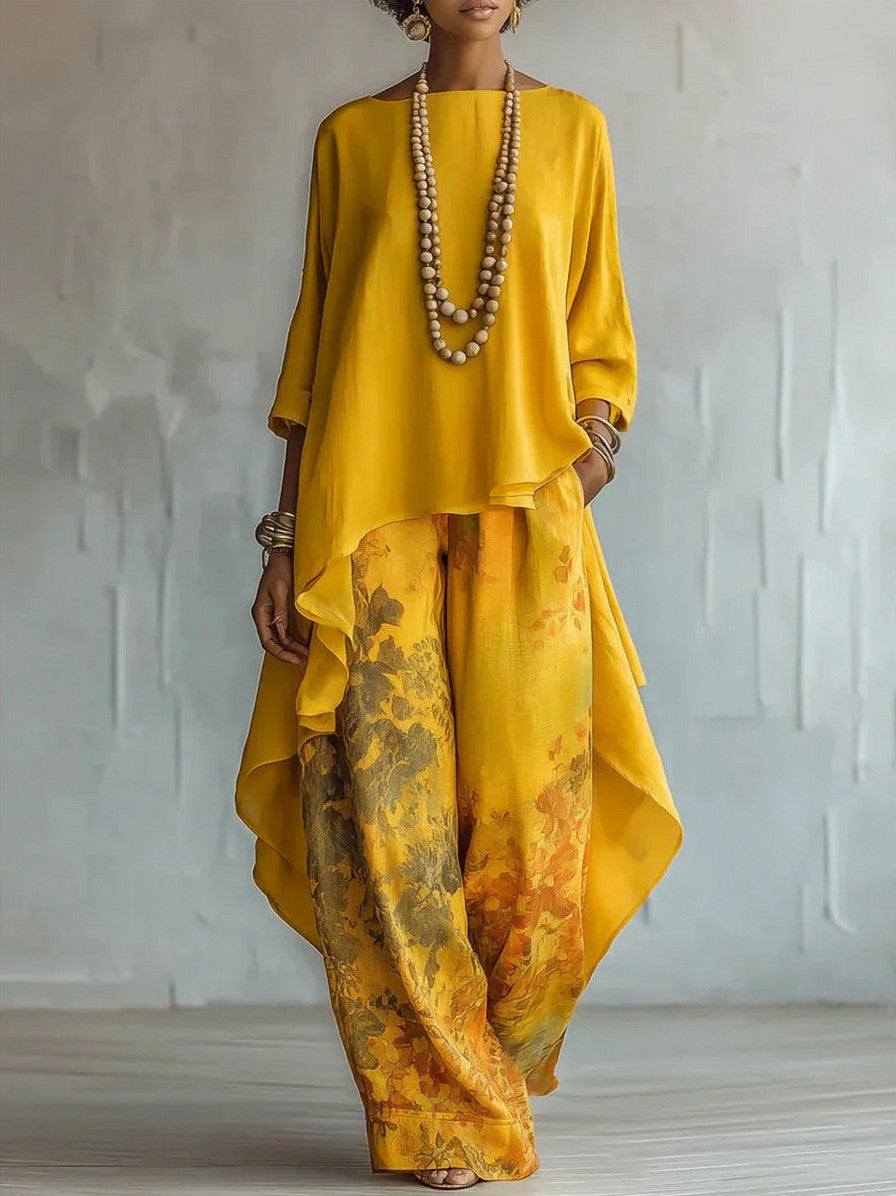 Asymmetric Tunic and Wide Leg Pant Set in Yellow