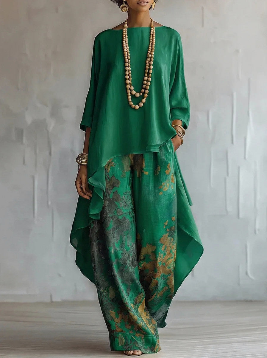 Asymmetric Tunic and Wide Leg Pant Set in Green