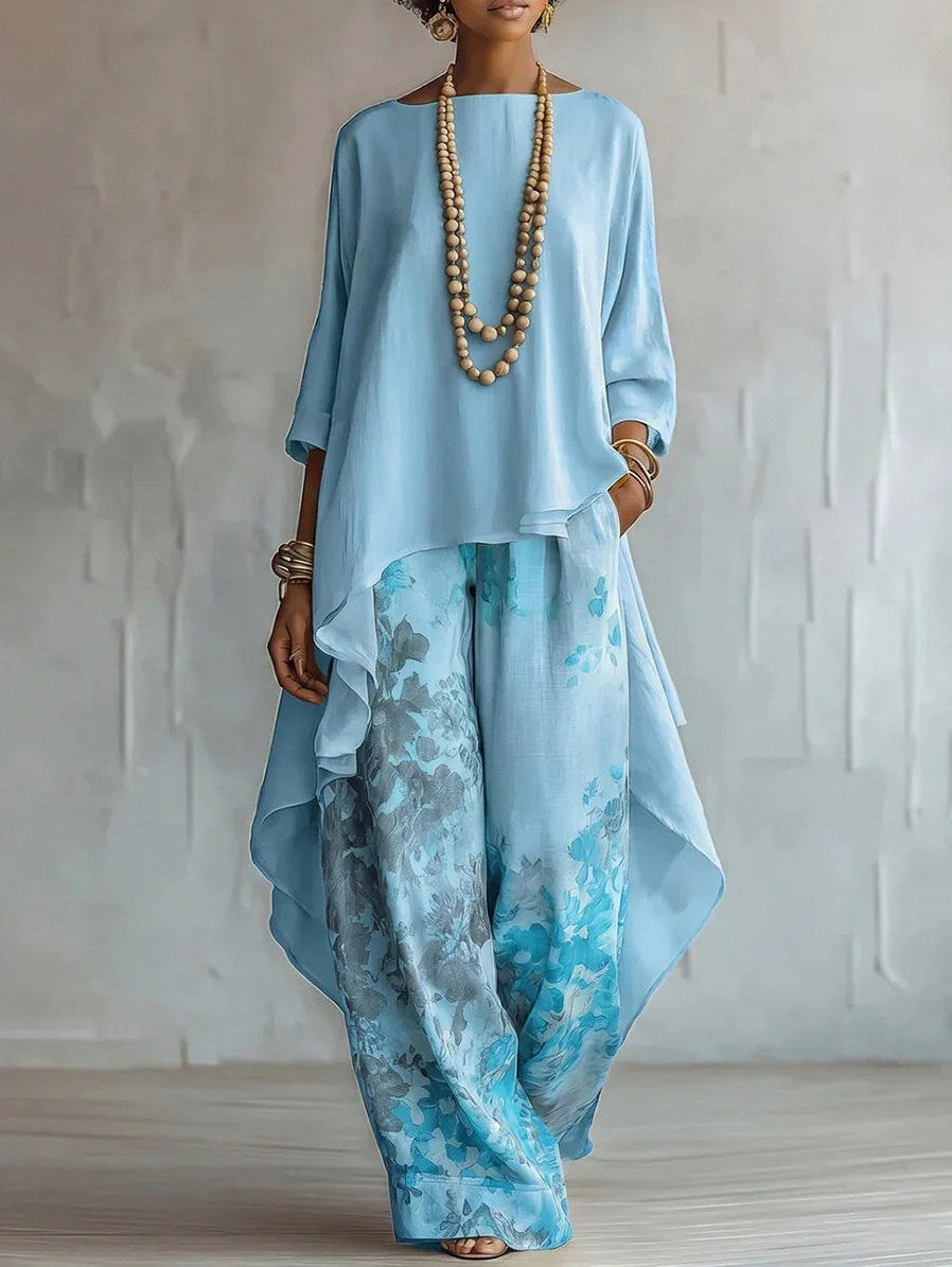 Asymmetric Tunic and Wide Leg Pant Set in Blue