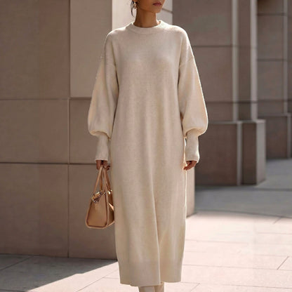 Balloon Sleeve Knit Maxi Sweater Dress in Beige