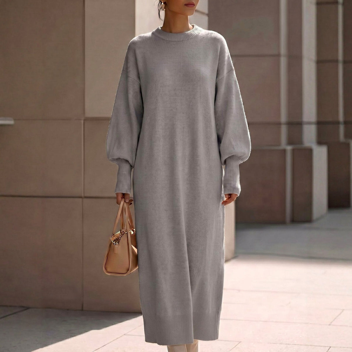 Balloon Sleeve Knit Maxi Sweater Dress in Light Gray