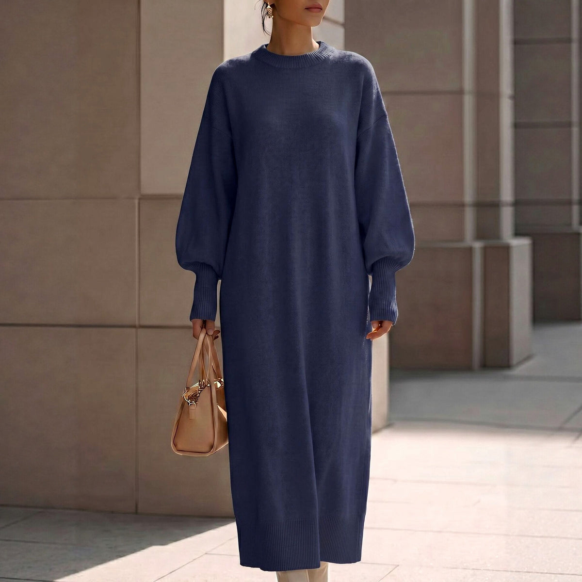 Balloon Sleeve Knit Maxi Sweater Dress in Dark Blue
