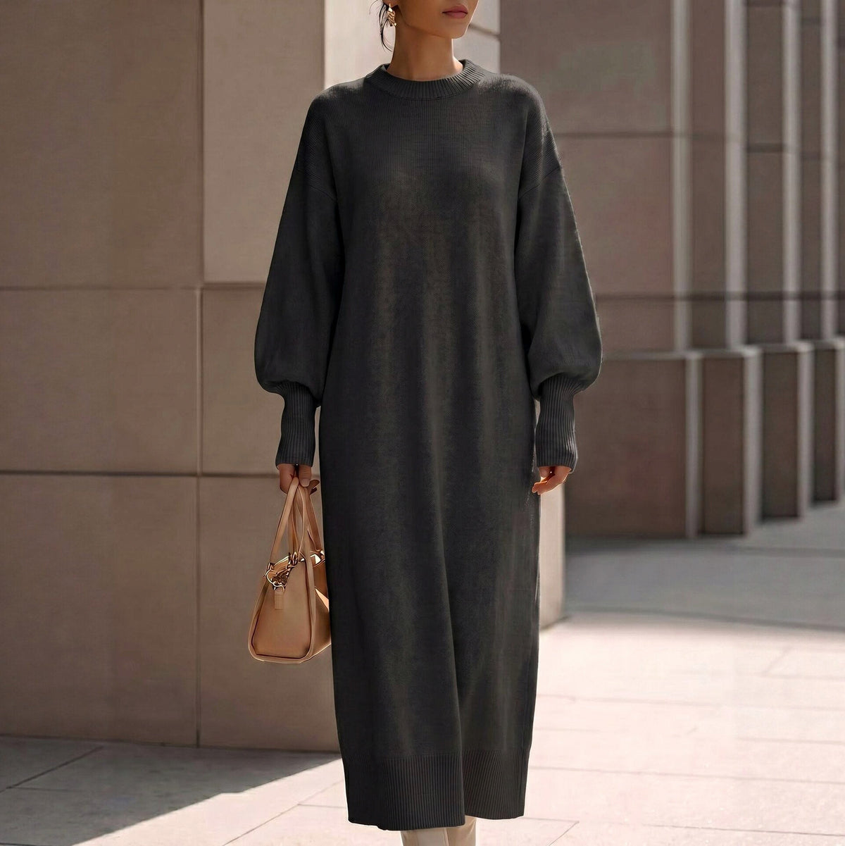 Balloon Sleeve Knit Maxi Sweater Dress in Dark Gray