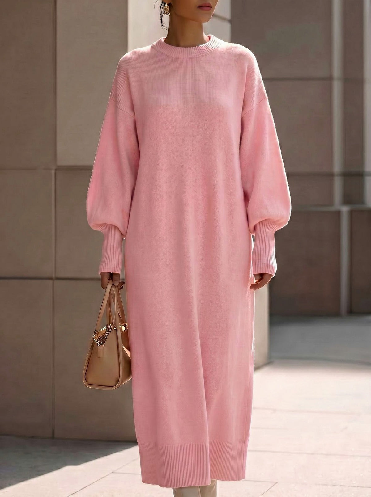 Balloon Sleeve Knit Maxi Sweater Dress in Pink
