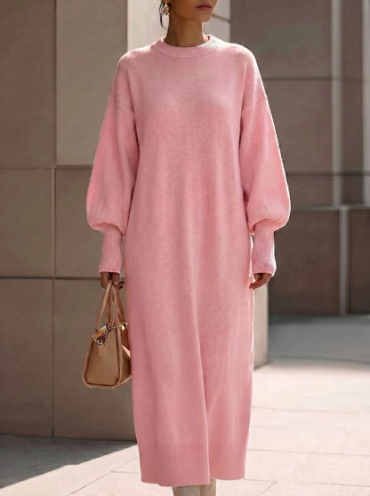 Balloon Sleeve Knit Maxi Sweater Dress in Pink