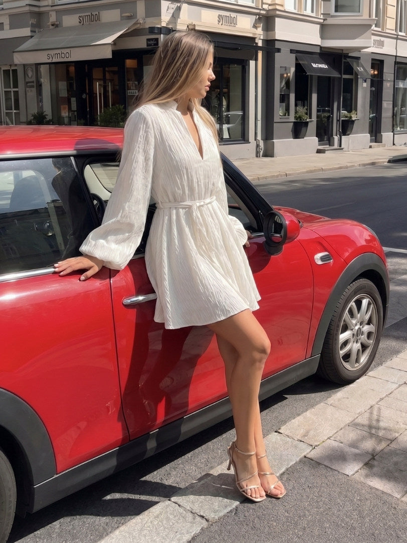 Balloon Sleeve Tie Waist Mini Dress