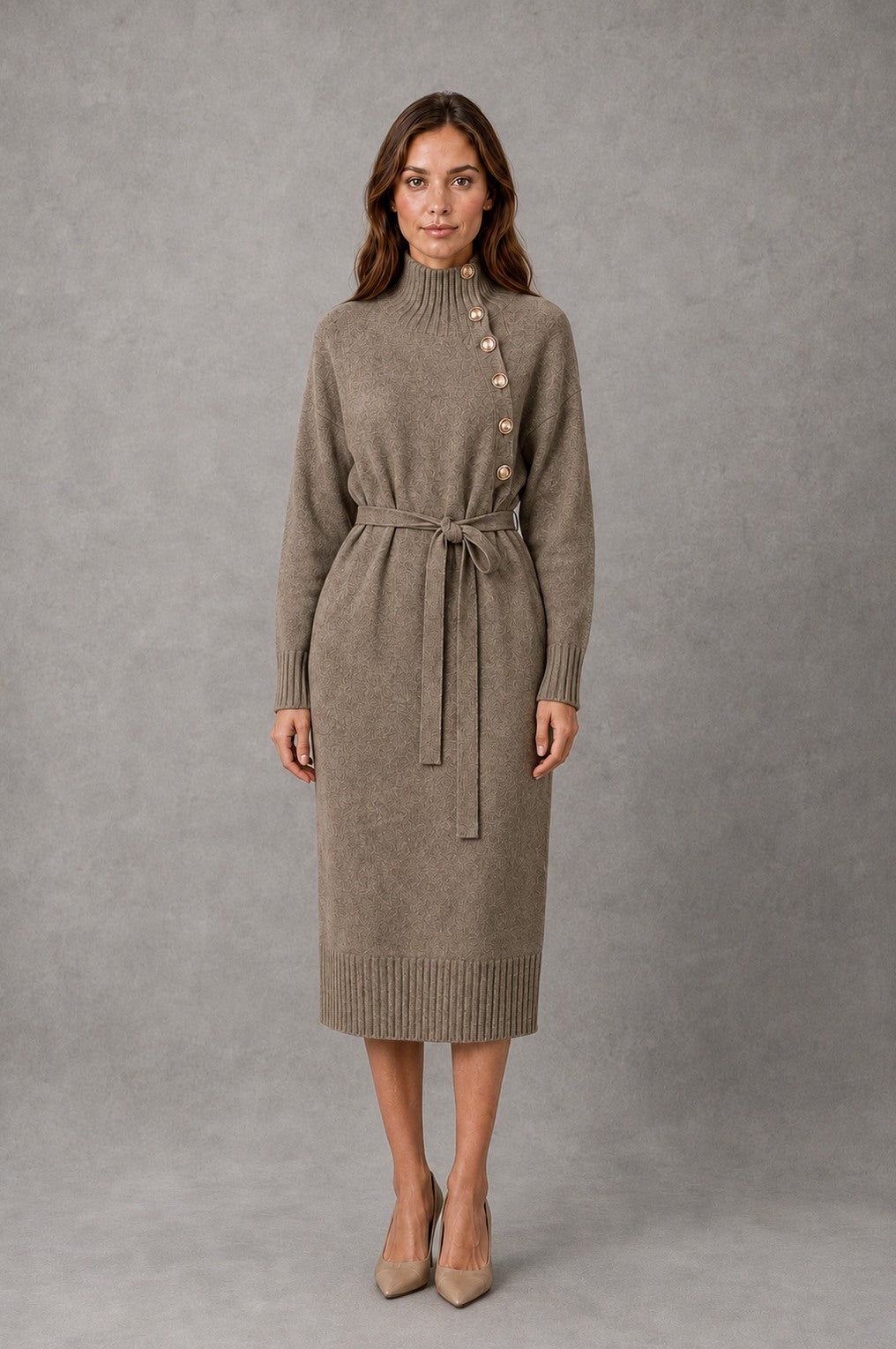 Belted Mock Neck Midi Sweater Dress in Khaki