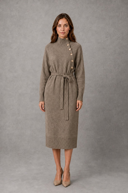 Belted Mock Neck Midi Sweater Dress in Khaki