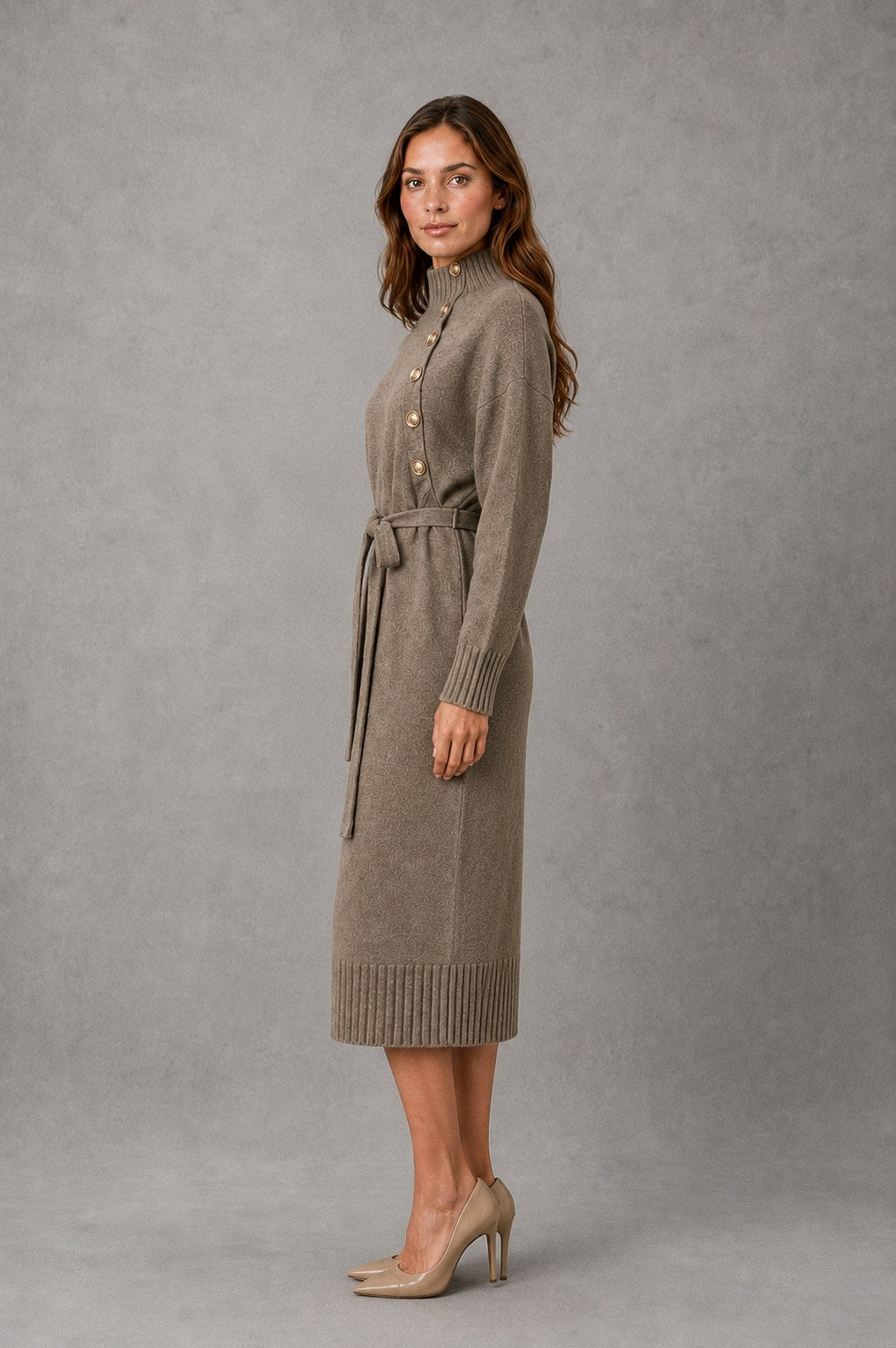 Belted Mock Neck Midi Sweater Dress