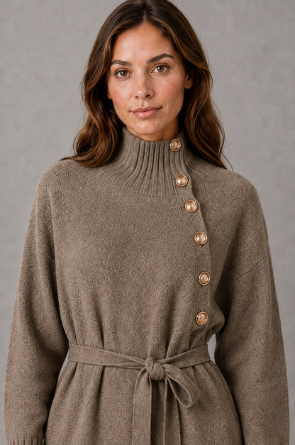 Belted Mock Neck Midi Sweater Dress