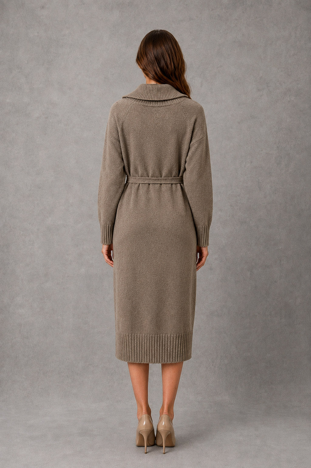 Belted Mock Neck Midi Sweater Dress