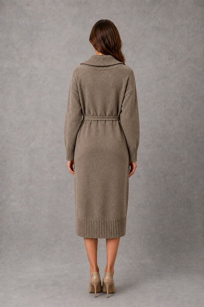 Belted Mock Neck Midi Sweater Dress