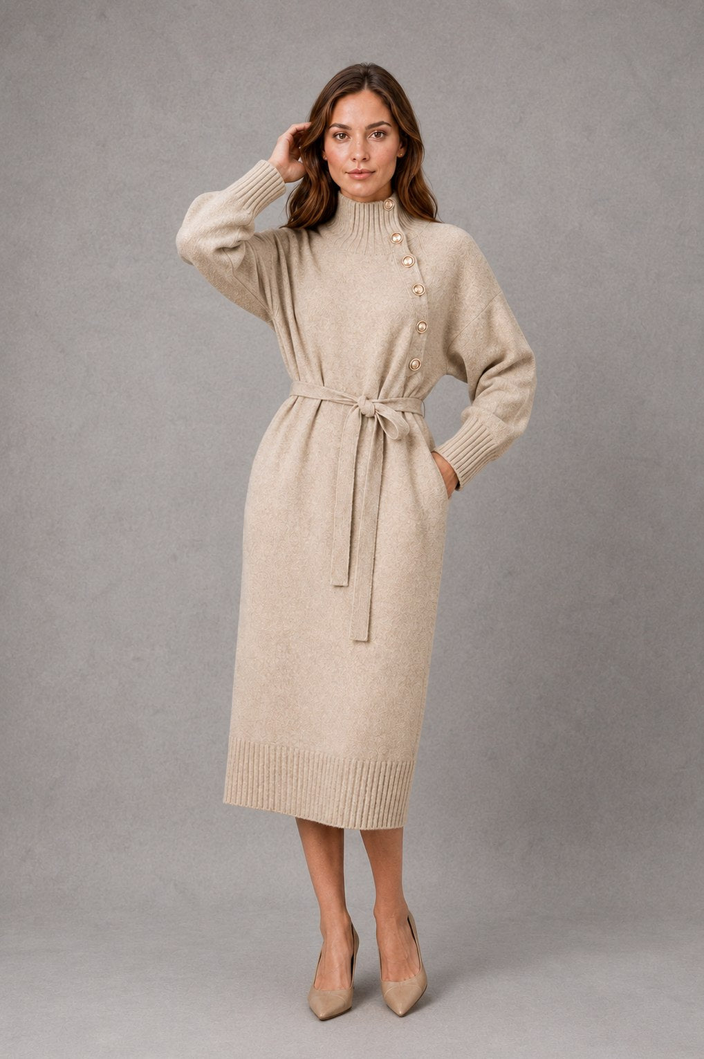 Belted Mock Neck Midi Sweater Dress in Beige