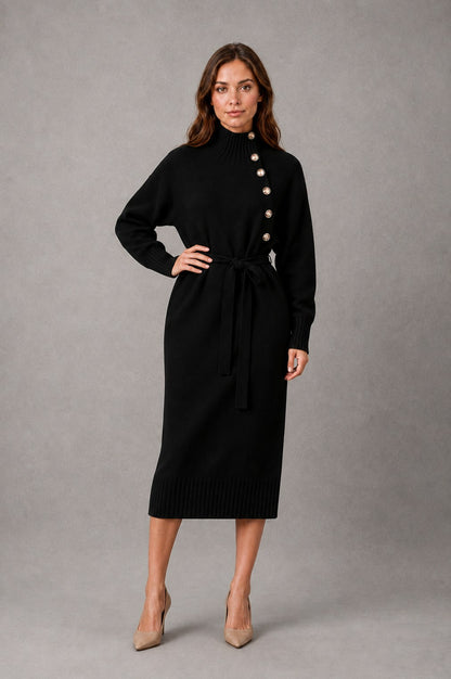 Belted Mock Neck Midi Sweater Dress in Black