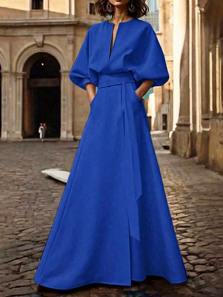 Belted Puff Sleeve Maxi Dress in Blue