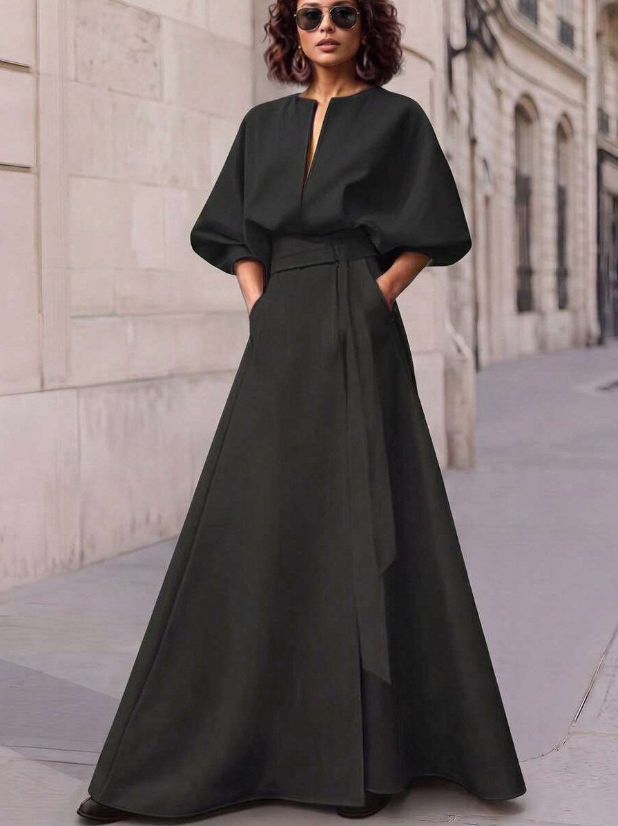 Belted Puff Sleeve Maxi Dress in Black