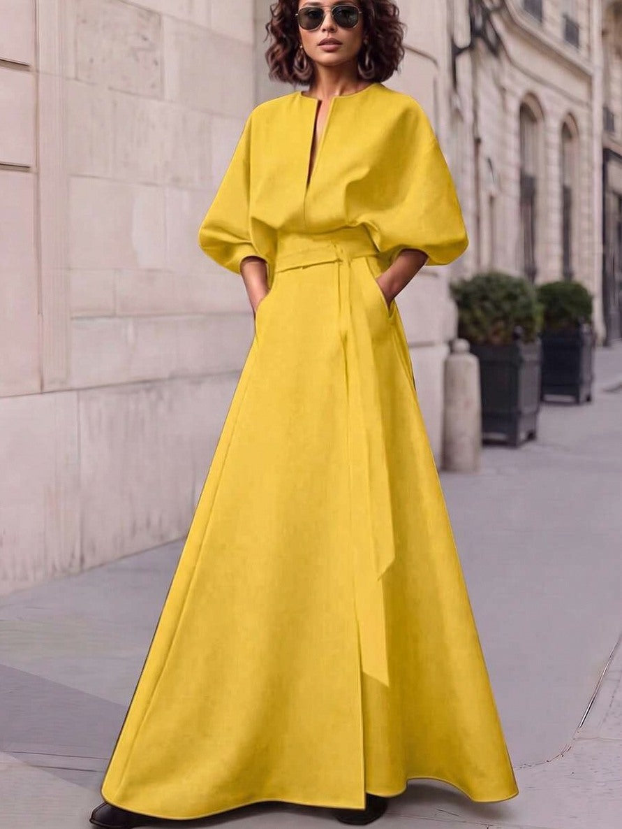 Belted Puff Sleeve Maxi Dress in Yellow