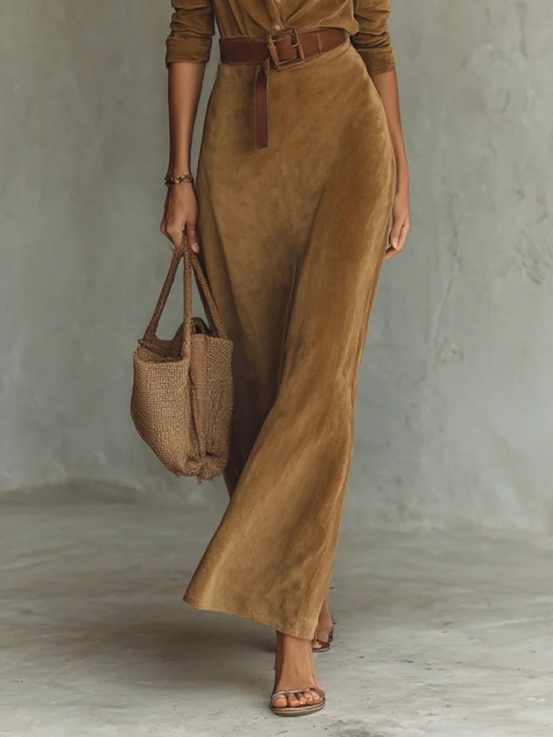 Belted Faux Suede Shirt Maxi Dress