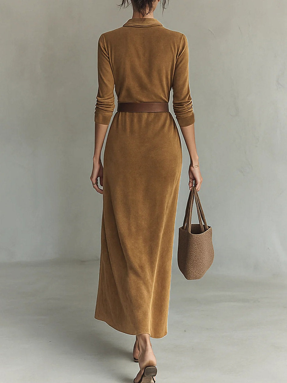 Belted Faux Suede Shirt Maxi Dress