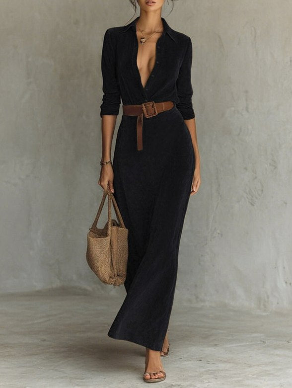 Belted Faux Suede Shirt Maxi Dress in Black