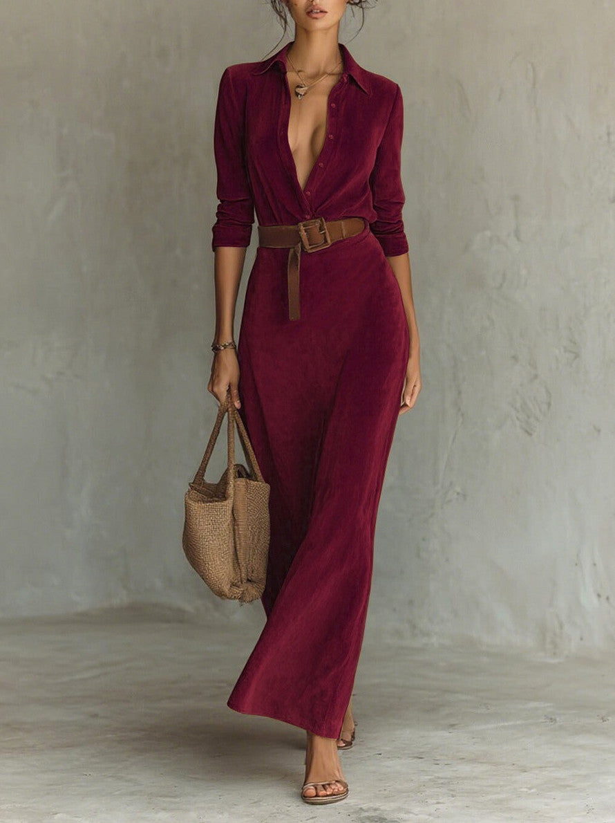 Belted Faux Suede Shirt Maxi Dress in Wine Red