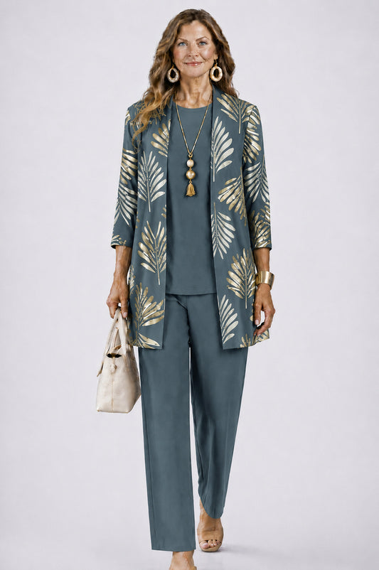 Botanical Print Three Piece Cardigan Pant Set in Teal