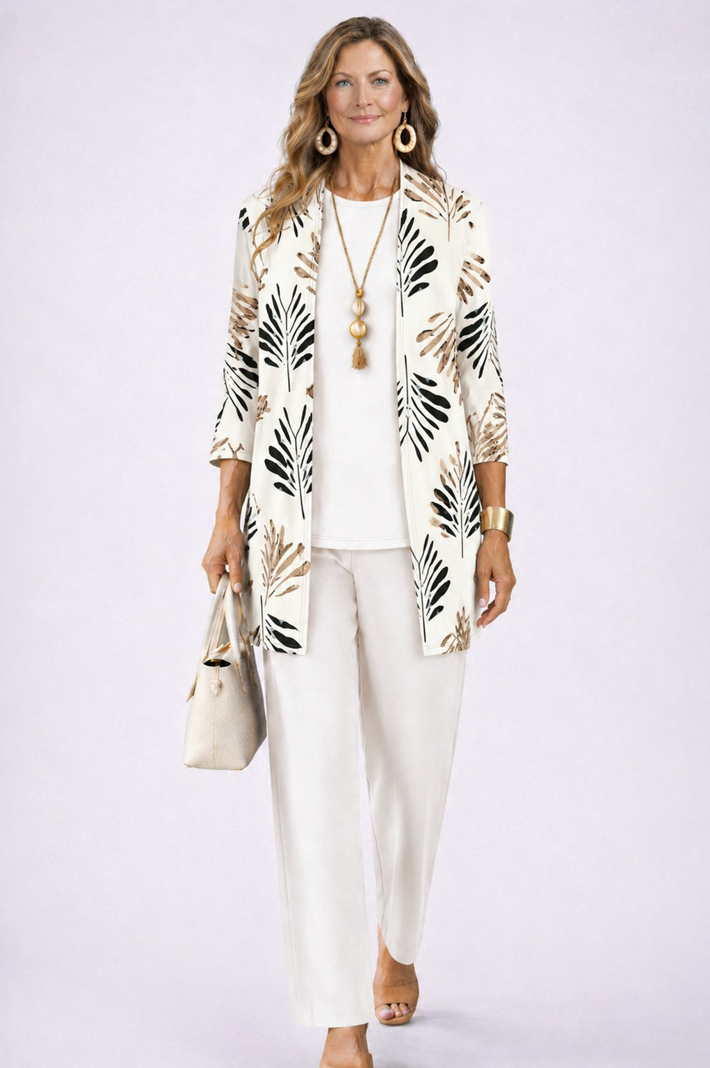 Botanical Print Three Piece Cardigan Pant Set in Ivory