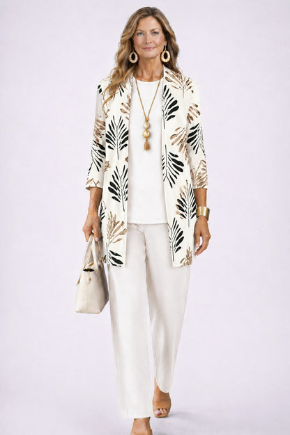 Botanical Print Three Piece Cardigan Pant Set in Ivory