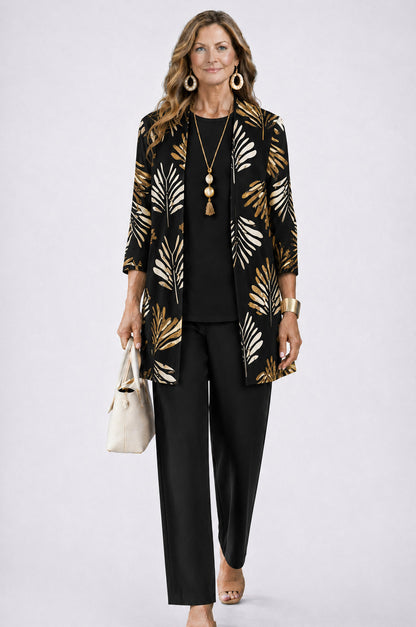 Botanical Print Three Piece Cardigan Pant Set in Black