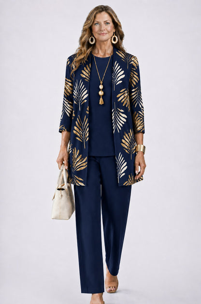 Botanical Print Three Piece Cardigan Pant Set in Navy