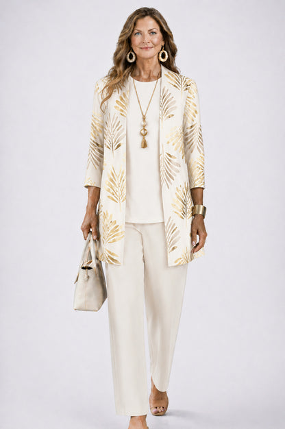 Botanical Print Three Piece Cardigan Pant Set in Champagne