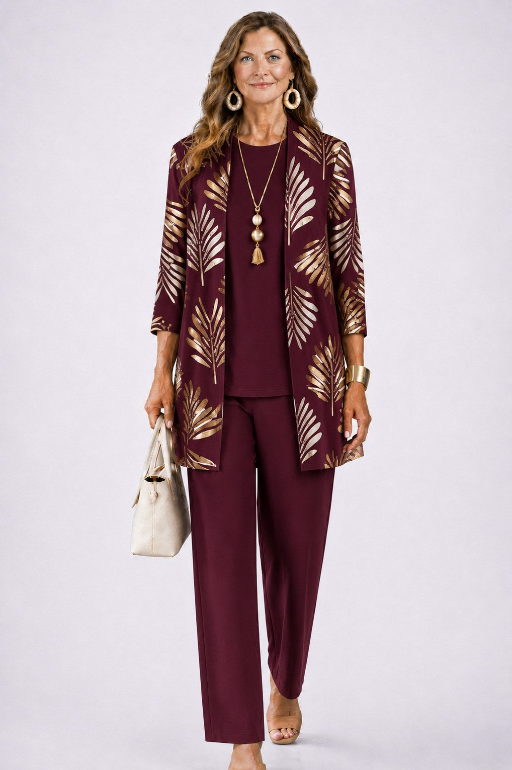 Botanical Print Three Piece Cardigan Pant Set in Burgundy