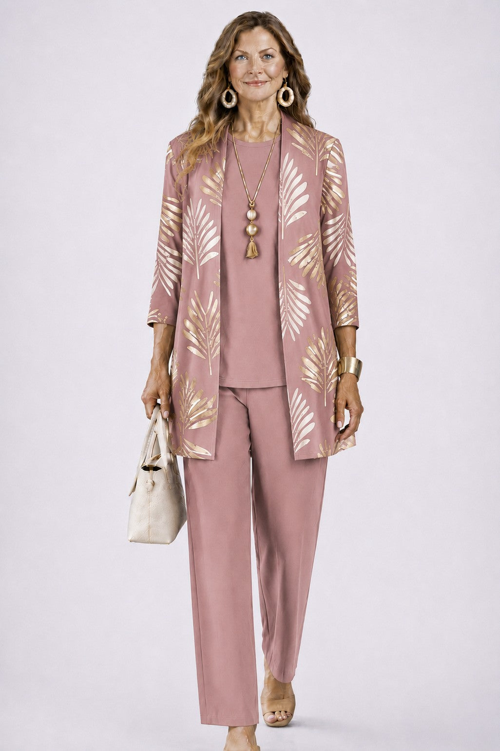 Botanical Print Three Piece Cardigan Pant Set in Dusty Rose