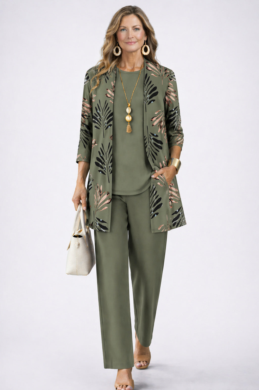 Botanical Print Three Piece Cardigan Pant Set in Green