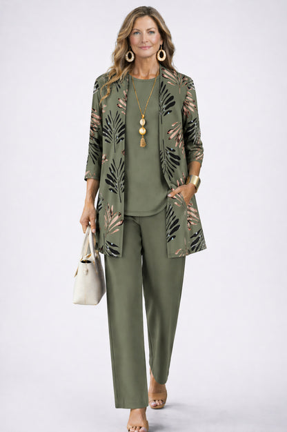 Botanical Print Three Piece Cardigan Pant Set in Green
