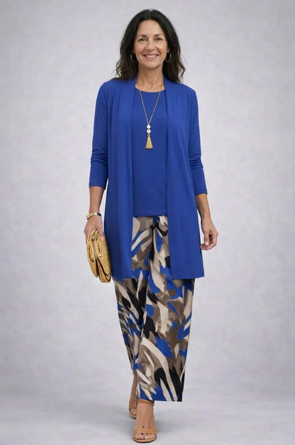 Botanical Print Three Piece Cardigan Pant Set in Blue