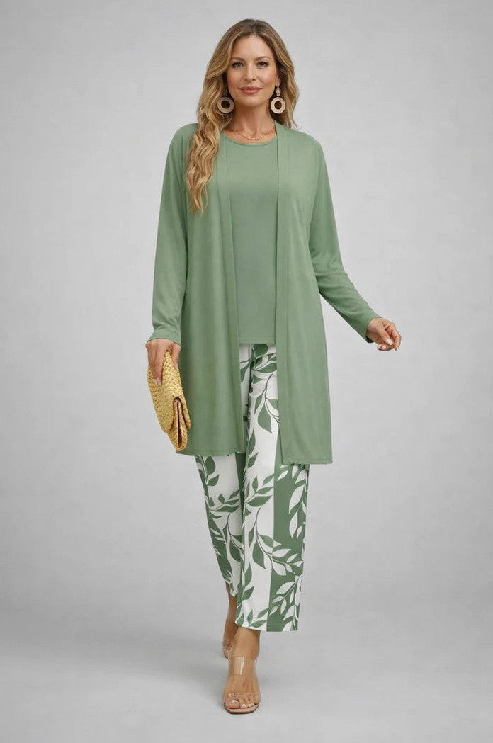 Botanical Print Three Piece Cardigan Pant Set in Sage Green