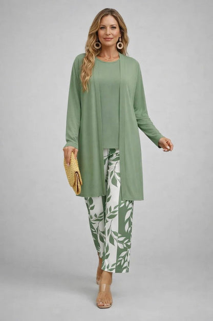 Botanical Print Three Piece Cardigan Pant Set in Sage Green