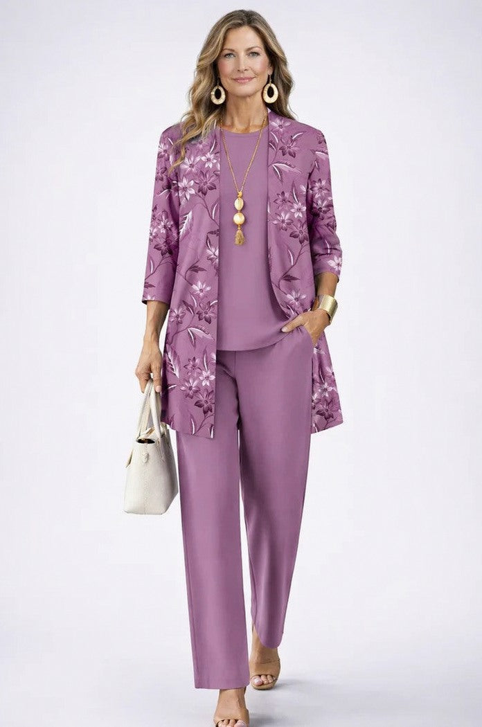 Botanical Print Three Piece Cardigan Pant Set in Purple