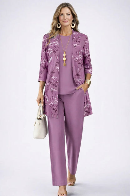 Botanical Print Three Piece Cardigan Pant Set in Purple