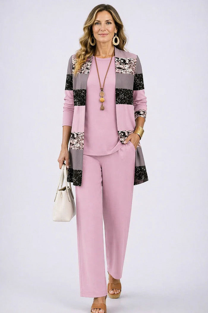 Botanical Print Three Piece Cardigan Pant Set in Pink