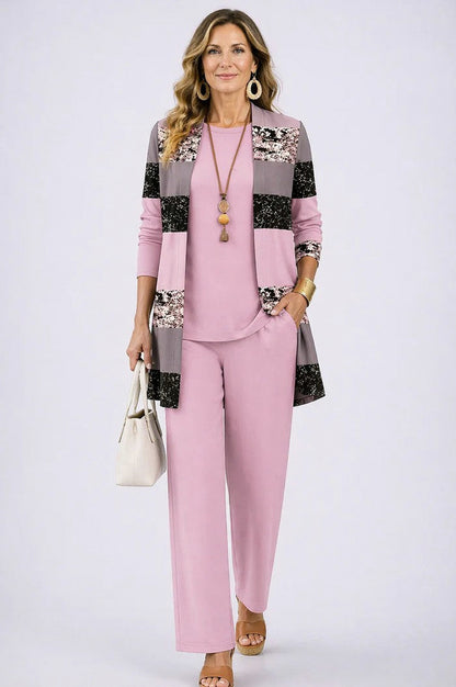 Botanical Print Three Piece Cardigan Pant Set in Pink