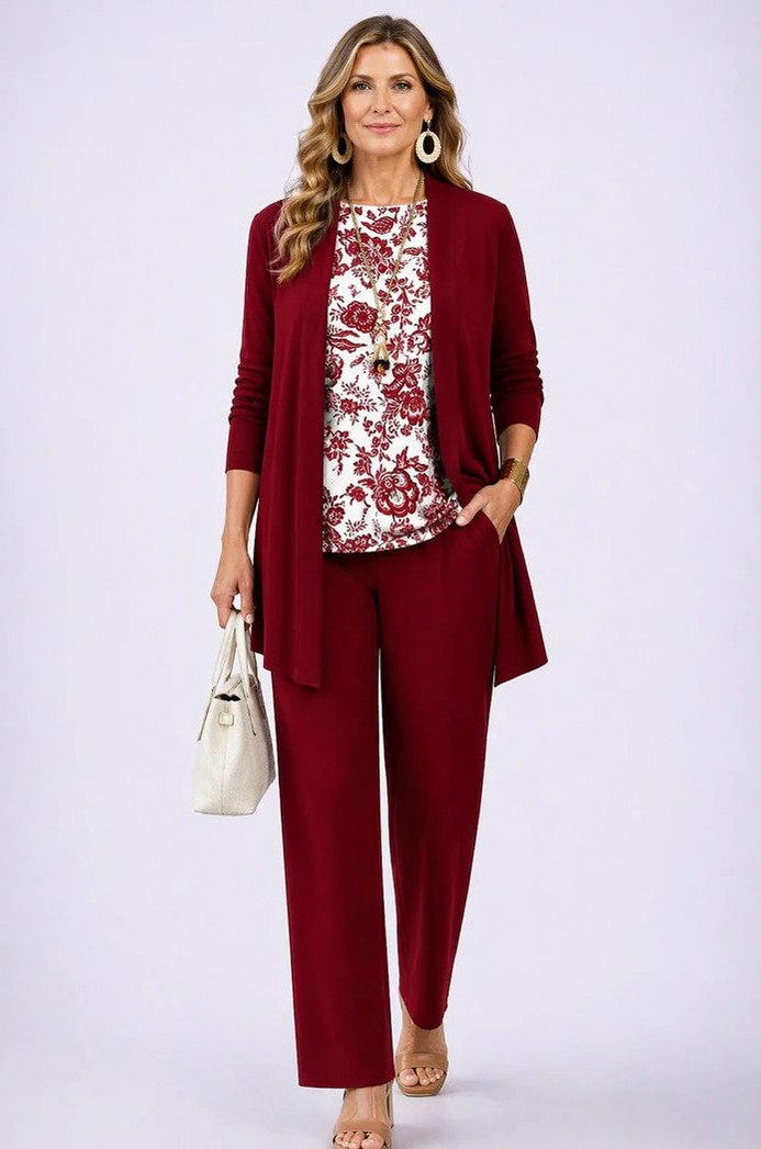 Botanical Print Three Piece Cardigan Pant Set in Red