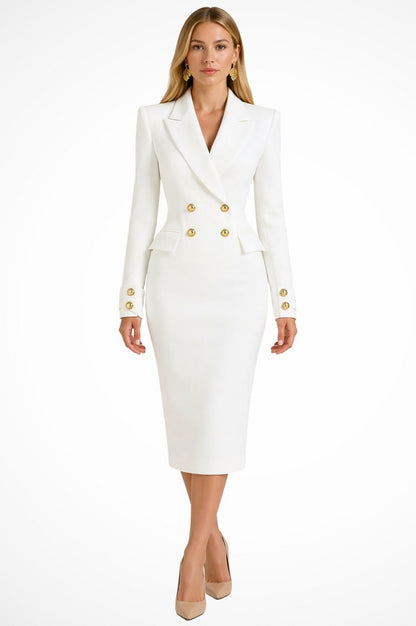 Button Front Blazer Midi Dress in White